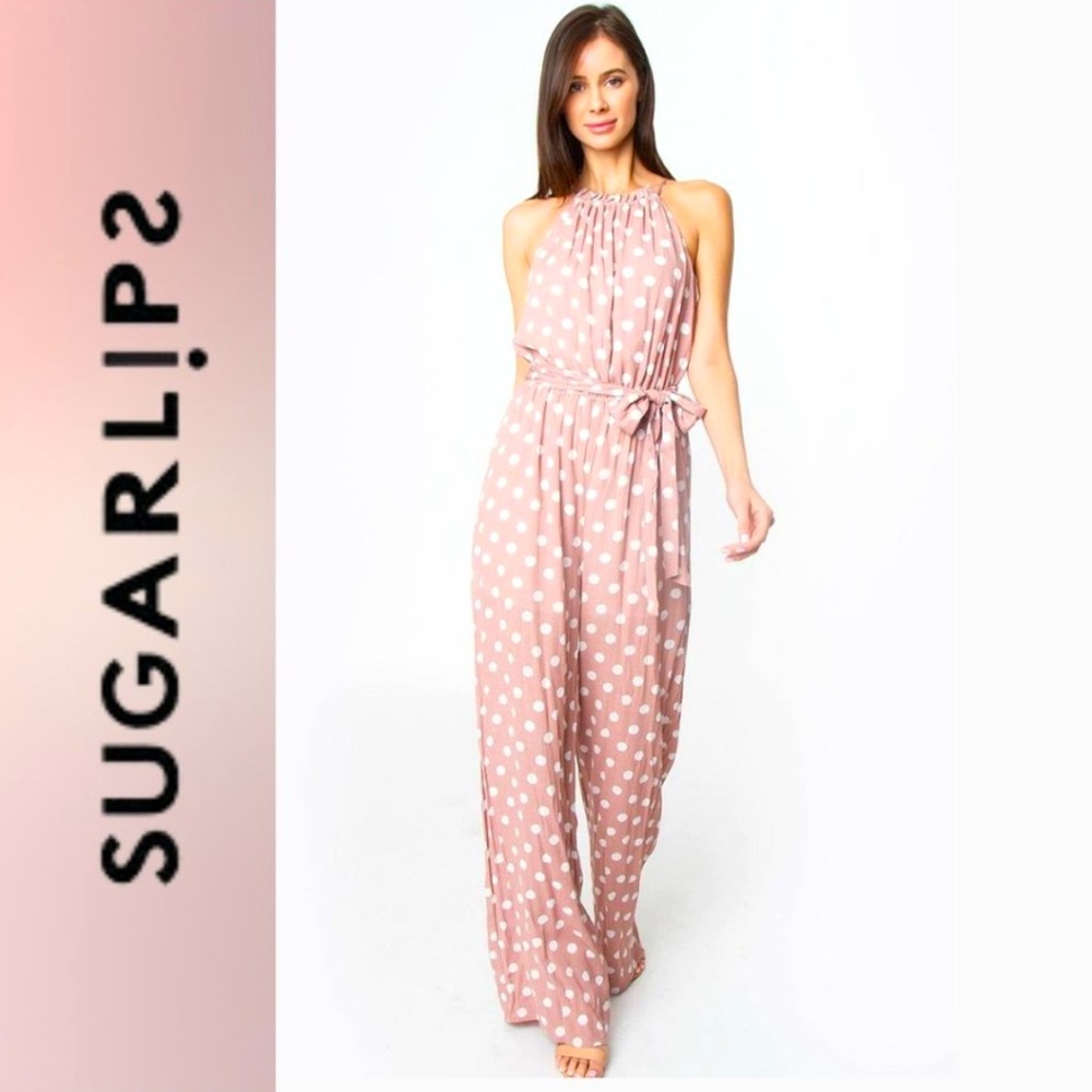 SUGARLIPS Blush Pink Polka Dot Halter Jumpsuit Size M, NWOT
